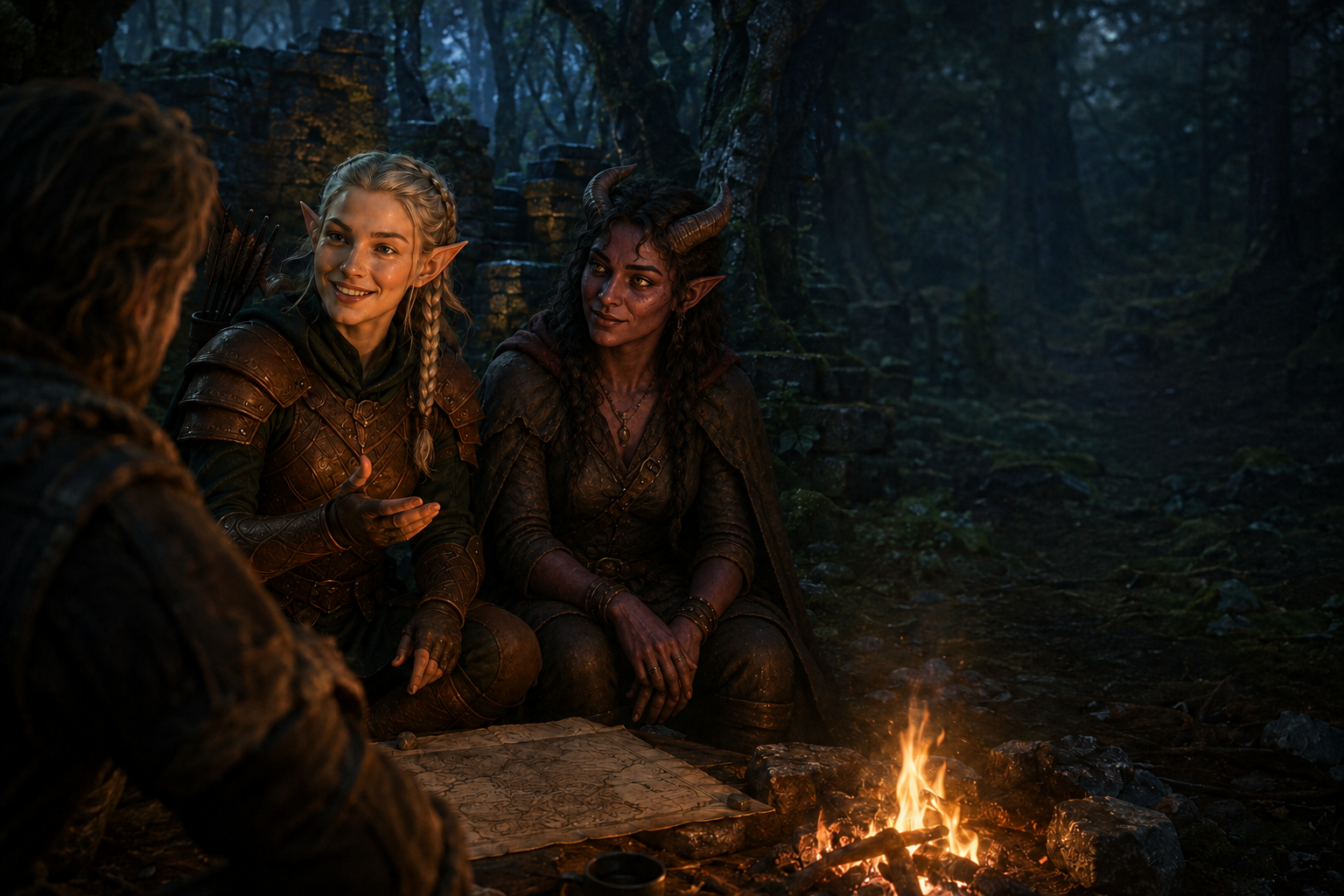 Elen and a tiefling companion talking with a fellow adventurer around a fire in the forest