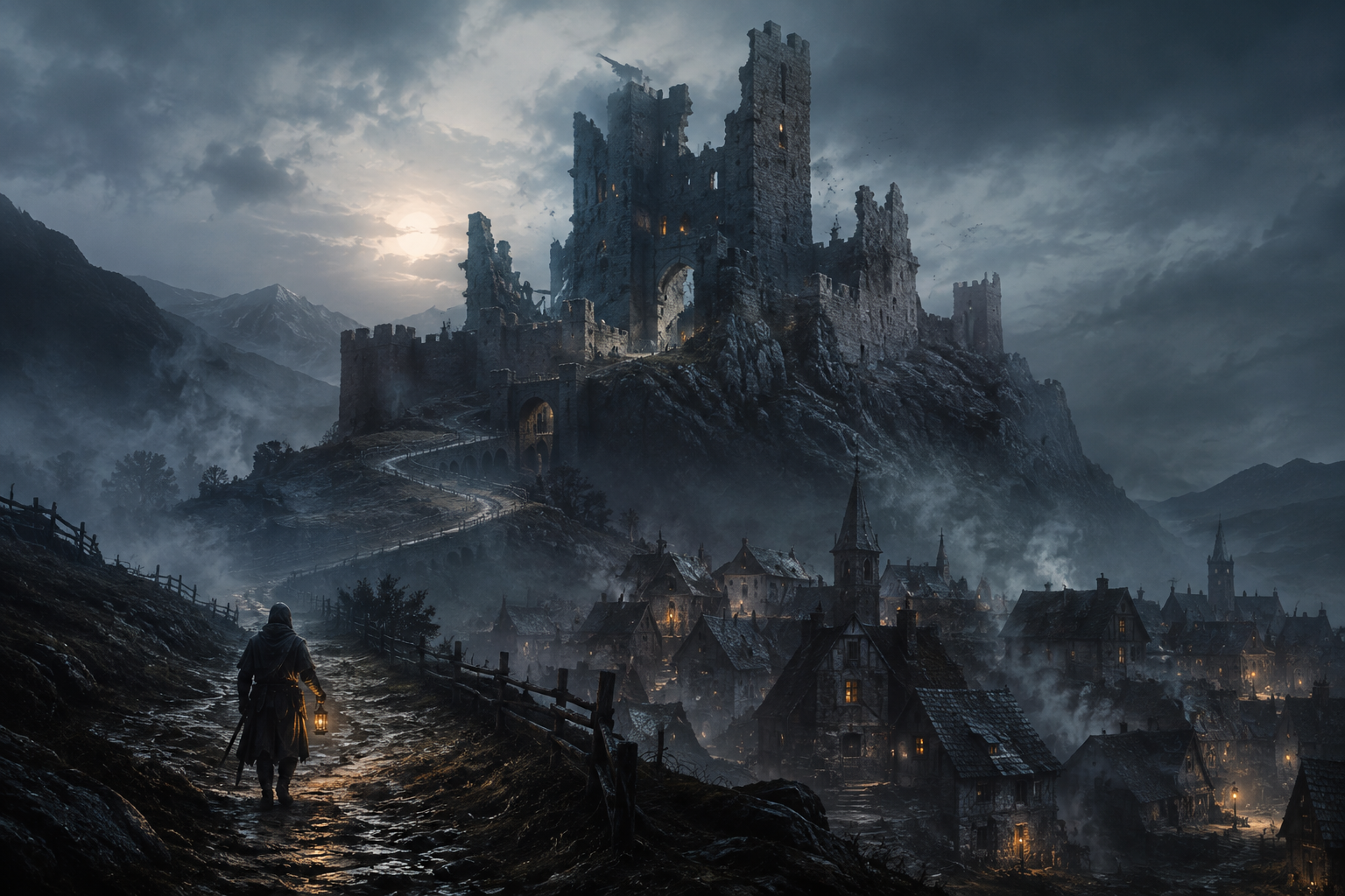 A ruined keep looming above a misty village, with a lantern-bearing scout on the path