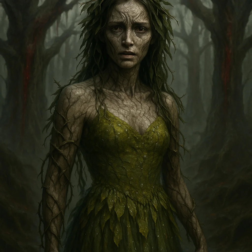 Sylara, a forest dryad with bark-like skin and a crown of leaves