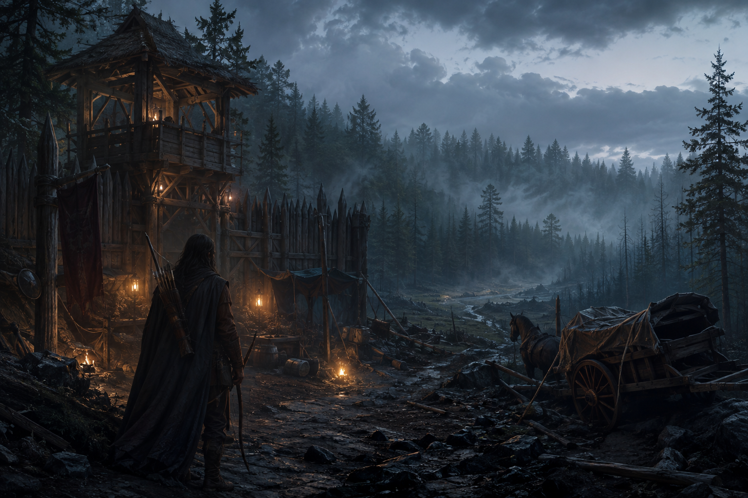 A lantern-lit ranger outpost at the edge of an immense, misty forest